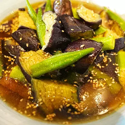 BFHFukuokaNakasu Fukuoka prefecture eggplant and okra soaked in sesame seeds